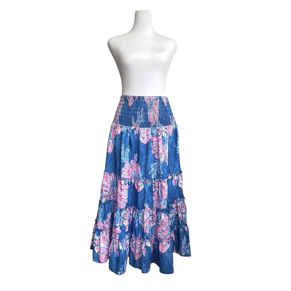 Lilly Pulitzer Deavan Pull-on Tiered Midi Skirt For The Fans Pink Blue Beachy S